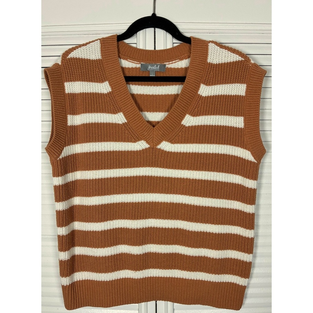 Marled Striped V-Neck Sweater Vest Orange Brown White Large - Picture 1 of 6